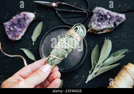 Person showing and making white sage Salvia apiana smudge stick at home with homegrown sage leaves. Cotton string and vintage scissors for decoration Stock Photo