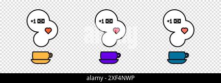 Set of hot cup of coffee or tea icons with steam and new message notification symbol. Vector clipart on a transparent background. Stock Vector