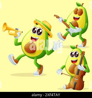 Set of cute avocado characters playing musical instruments. Perfect for kids, merchandise and sticker Stock Vector