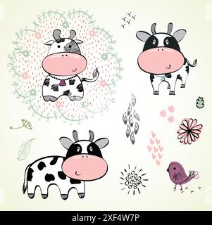 Set of hand drawn cute calves cartoons. Stock Vector