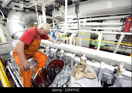 Ship s Engineer Ship s Engineer & Mechanis working on the Valves and Ciliners of the Vessel s Engine while Moored in Port of Rotterdam, Netherlands. Rotterdam Veerkade / Parkhaven Zuid-Holland Nederland Copyright: xGuidoxKoppesxPhotox Stock Photo