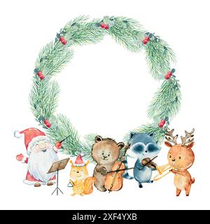 Vector Christmas greeting card. Watercolor winter wreath with animals playing musical instruments. Stock Vector
