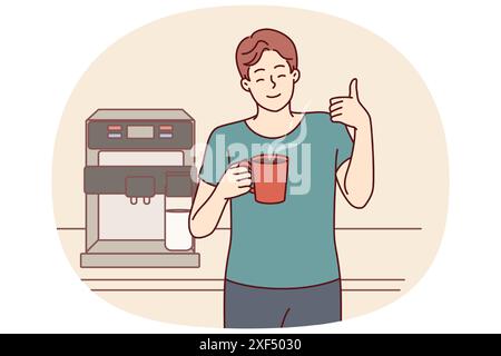 Man drinks coffee from mug standing near machine for making delicious espresso and shows thumbs up. Young guy takes coffee break to cheer up and increase productivity or stay awake doing tedious work Stock Vector