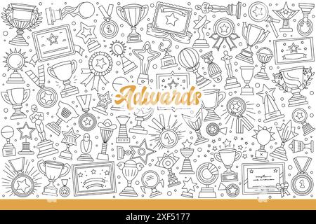 Awards and trophies of various types to reward winners or motivate achievements. Awards for tournaments in form of medals and cups or statuettes and certificates. Hand drawn doodle Stock Vector