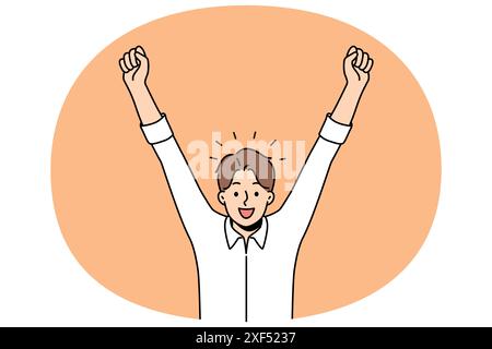 Delighted man celebrates victory by raising hands up and rejoicing in career achievements or end working day. Business man shouts with smile and is delighted with amazing news promising income growth Stock Vector