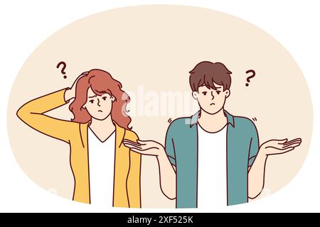 Doubting man and woman shrug hands and touch heads, sign of absence of solution to problem. Doubtful couple of guy and girl experiencing embarrassment do not understand what is happening Stock Vector