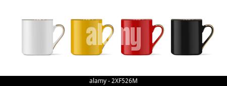 Drink mugs, front view. White, black, red, yellow empty cup isolated. Vector realistic mockup template, layout Isolated on white background. Vector. Stock Vector