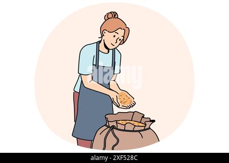 Woman stands near bag of malt for production of craft beer and collects hop grains in palms. Girl in apron works in agricultural factory preparing grains of prosso or wheat for processing. Stock Vector