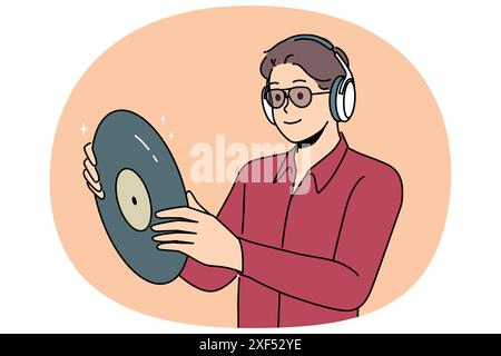 Hipster man with vinyl record listens to music in headphones, collecting retro discs with audio recordings. Guy looks at vinyl record and rejoices in buying rare copy with recording of concert Stock Vector