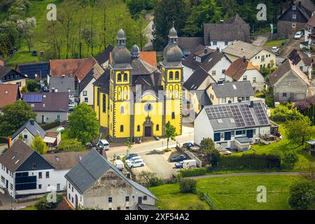 Aerial view, yellow church St. Maria Magdalena in Padberg, Marsberg, Sauerland, North Rhine-Westphalia, Germany, Aerial photo, yellow church, St. Mary Stock Photo