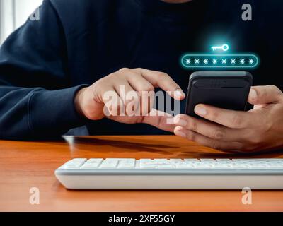 Two factor authentication or 2FA concept. Key tech icon and password showing while businessman using mobile phone for online access and Identity verif Stock Photo