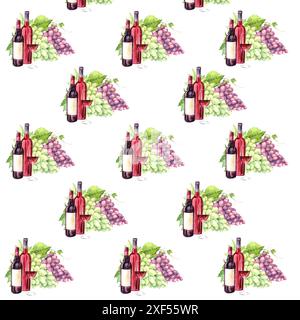 Wine and grapes. Seamless pattern on white background. Painted with watercolor. Suitable for textiles, scrapbooking, wallpaper, wrapping paper, cards Stock Photo