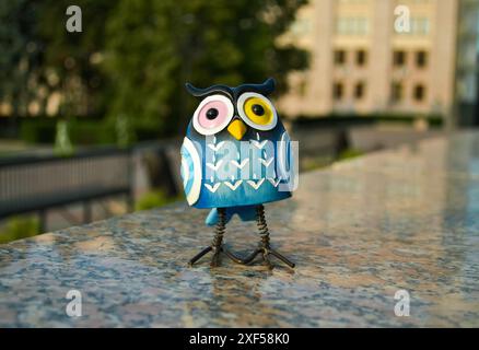 A surprised blue owl with multi-colored eyes stands close-up on polished granite Stock Photo