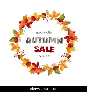 Autumn Sale. Autumn frame with leaves and mushrooms isolated on white background. Vector. Stock Vector