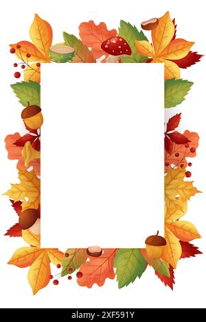 Hello Autumn. Autumn frame rectangular, with leaves and mushrooms on white background. Vector. Stock Vector