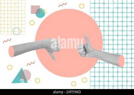 Collage of hands with the thumb up and down on a pink circle with geometric shapes on a white background Stock Photo