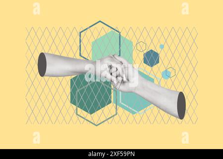 Holding hands on a geometric green and yellow background Stock Photo