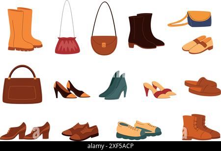 Collection of womens shoes and handbags. Various styles and colors. Fashion accessories illustration Stock Vector