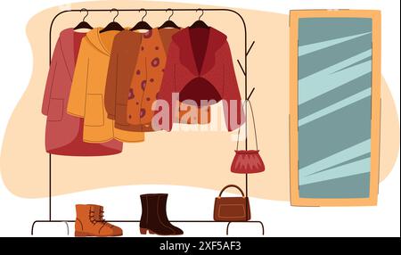 Hallway concept, women outerwear on a hanger and shoes, a mirror hanging Stock Vector