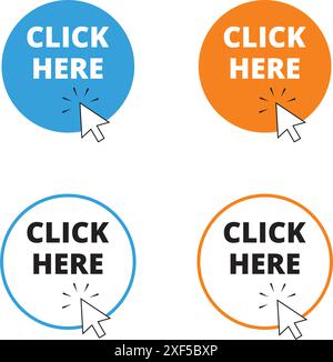 Blue and orange click here button with mouse pointer clicking on a white background Stock Vector