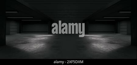minimalist dark abstract interior design. Underground Studio, Hallway Parking Room, Bunker Bomb Shelter Basement. 3D Illustration Stock Photo