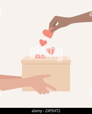 A pair of hands holding a charity box, the other hand throwing hearts into the box. Flat vector illustration Stock Vector