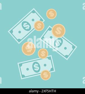 Paper bills and gold coins scattered randomly on a green background, top view. Flat vector illustration Stock Vector