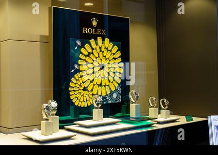 Seville, Spain. February 5, 2024 - Showcase of the Rolex shop with luxury watches Stock Photo