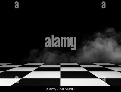 A dramatic black and white chessboard floor with rising smoke, creating an eerie and mysterious atmosphere, perfect for design projects game, motor sp Stock Photo