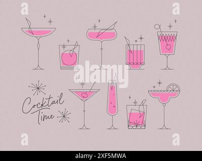 Cocktails time set with glasses drawing in retro style on pink background Stock Vector