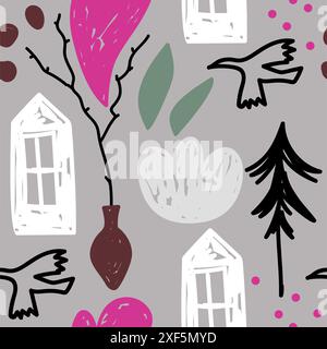 Vector floral abstract seamless pattern with bird, tree and house. Stock Vector