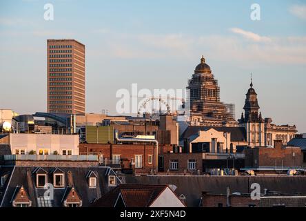 June 28, 2024 - Brussels Old Town, Belgium - High angle view over the historical city center during the golden hour Stock Photo