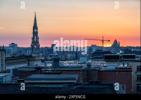 Brussels Old Town, Belgium, June 23, 2024 - Golden hour cityscape with the town hall tower and rooftops Stock Photo