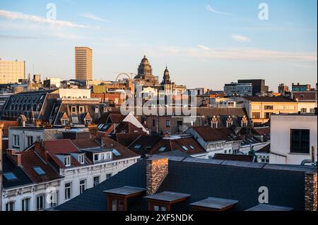 June 28, 2024 - Brussels Old Town, Belgium - High angle view over the historical city center during the golden hour Stock Photo