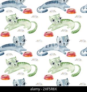 Watercolor seamless pattern with cute cats on a white background. Stock Photo