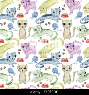 Watercolor seamless pattern with cute cats on a white background. Stock Photo