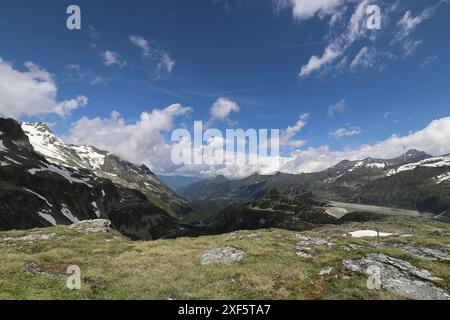 Wide angle view of a beautiful view of the sky and the surrounding mountains, plateau at the Weißsee glacier area Stock Photo