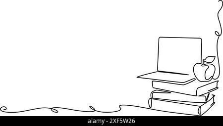 Books stack with notebook and apple over. Corner frame. Stock Vector