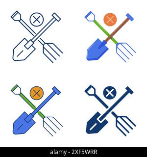 No garden instruments icon set in flat and line style. Shovel and pitchfork. Vector illustration Stock Vector
