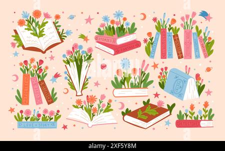 Books in flowers. School read stickers or covers. Floral meadow. Textbook stack. Blooming blossoms and leaves. Vintage literature. Library in nature. Romantic novels. Fantasy stories vector art set Stock Vector