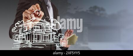 An engineer in a suit uses a pen to draw a digital house design with AI assistance. The futuristic drawing of the house is superimposed over the image Stock Photo