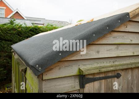 Replacing felt on a shed roof. Part of a series showing a roof being replaced on a shed in a UK garden. Stock Photo