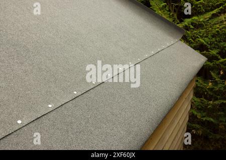 Replacing felt on a shed roof. Part of a series showing a roof being replaced on a shed in a UK garden. Stock Photo