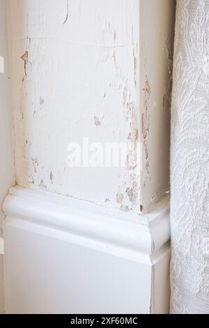 Damp penetration (rising damp) in a solid brick wall causing peeling paint. UK home interior. Stock Photo