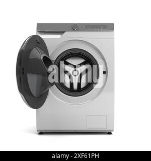 New open modern Washing machine front view 3D render on white Stock Photo