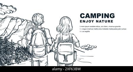 Couple with backpacks on mountains background. Summer outdoor camp horizontal banner, poster design template. Man and woman travel adventures vector h Stock Vector