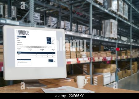 Invoice on computer screen from accounting application. Computer program for financial and budget of corporate business. Snugly. Stock Photo