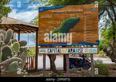 Welcome sign at San Cristobal Island showing map, Galápagos Islands, Ecuador, Stock Photo