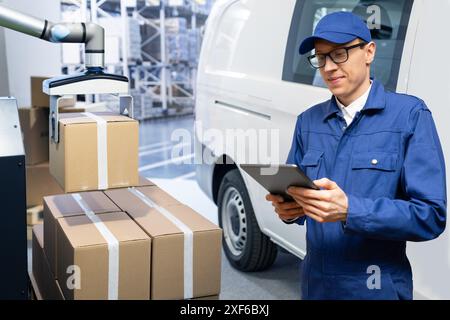 Warehouse manager with digital tablet controls robot. Stock Photo