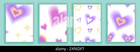 Set brochure y2k aura. Blurred heart, butterfly and stars with aura in trendy style y2k. Stock Vector